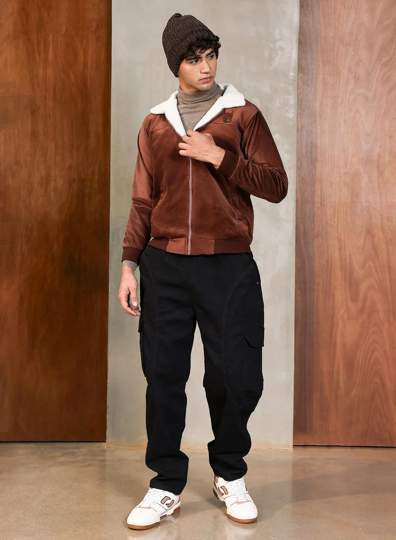 CAHOOT  Men's Chocolate Brown Contrast Sherpa-Lined Suede Bomber Jacket | Point Collar , Ribbed Cuff Sleeves , Zipper  Closure , Ribbed-Straight Hem | Solid Textured For Casual & Daily Wear for Men | Best Price UAE